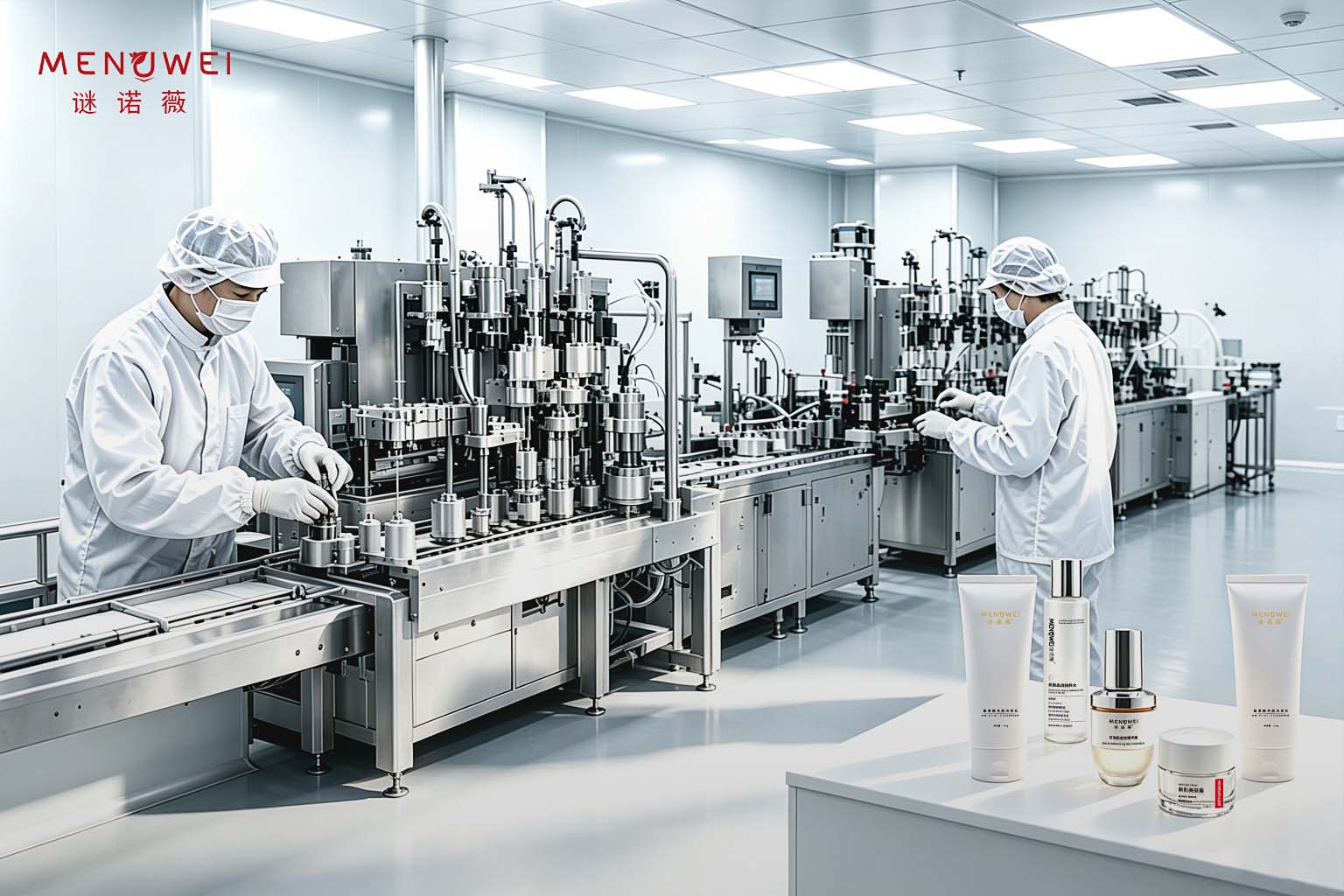 谜诺薇源头供应链：现代化化妆品生产车间